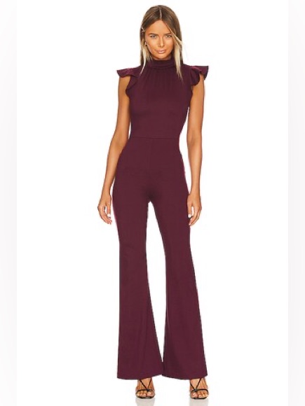Amanda Uprichard X Revolve Davina Women Jumpsuit Merlot Flutter Sleeve Mock Neck